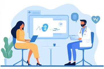 Illustration of a Healthcare Consultation with a Doctor and Patient Engaged in Telemedicine Using Digital Devices in a Modern Clinic Environment