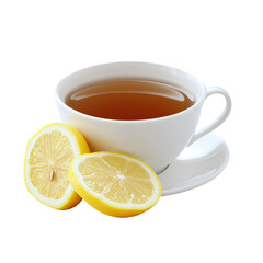 White cup of red, black or brown tea with lemon on transparent background. Png clipart of tea advertisement, home treatment, vitamin aromatic drink
