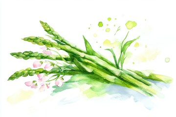 Obraz premium Vibrant watercolor painting of fresh asparagus with delicate pink flowers, showcasing nature's beauty and freshness.