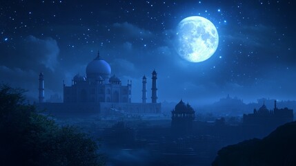 Fototapeta premium Mystical Nighttime View of Taj Mahal Under Full Moon with Glimmering Stars and Serene Landscape in an Enchanting Blue Tone