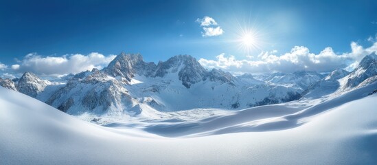 Majestic Winter Landscape with Snow-Covered Mountains and Clear Blue Sky in a Panoramic View Capturing the Beauty of Nature in the Highlands