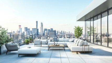 A stylish penthouse offering panoramic views of the city skyline, featuring high-end furniture and a spacious rooftop terrace, perfect for luxurious living and entertaining.
