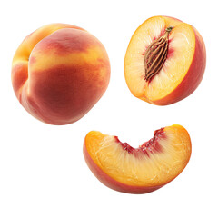 Ripe peach or nectarine set on transparent background. Design png clipart of fresh autumn harvest for postcards, posters and stickers