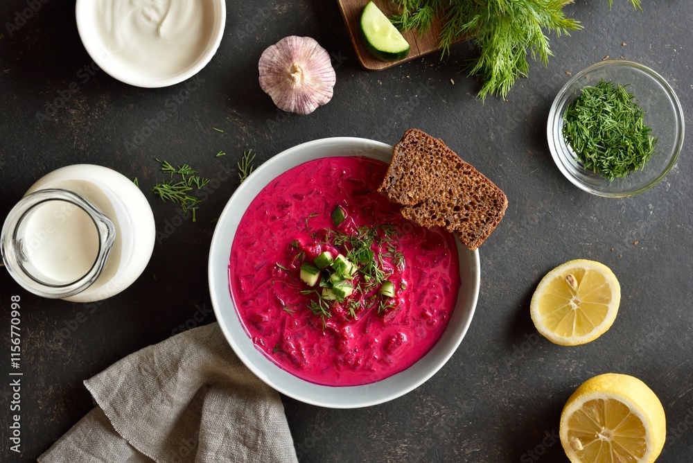 Wall mural Beet cream soup with yogurt, cucumbers and dill