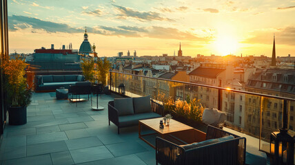 Fototapeta premium A stylish penthouse offering panoramic views of the city skyline, featuring high-end furniture and a spacious rooftop terrace, perfect for luxurious living and entertaining. 
