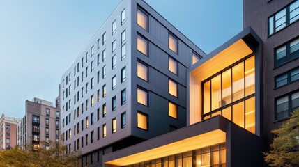 Modern Urban Hotel Exterior with Sleek Architecture and Warm Lighting during Twilight in a Bustling Cityscape, Showcasing Innovative Design Elements and Contemporary Aesthetics