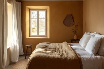 Cozy bedroom with warm, earthy tones. Sunlight streams into a rustic-style bedroom with a linen bedspread, pale walls, and a large window.