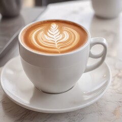 Close-up of elegant rosetta latte art in a white ceramic cup , rosetta, cup, coffee bean