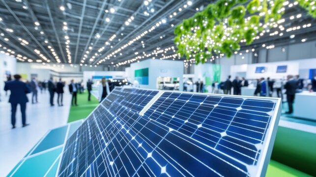 Modern Solar Panel Focused on Renewable Energy Solutions at Trade Show with Visitors and Bright Lights in Background, Showcasing Sustainable Technologies for Future Generations - Powered by Adobe
