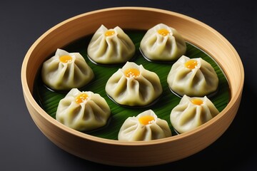 arafed dumplings in a bowl of water on a black surface