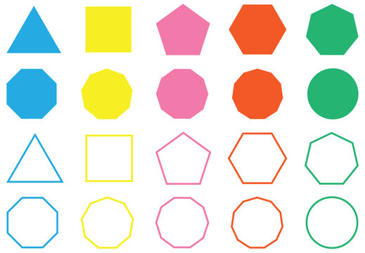 Different types of regular polygons. 2d geometric shapes. triangle, square, pentagon, hexagon, heptagon, octagon, nonagon, decagon, hendecagon, dodecagon vector. Various number of geometric shapes.