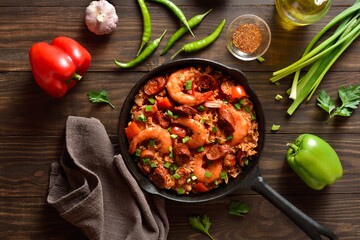 Creole style jambalaya with prawn, smoked sausages, chiken and v