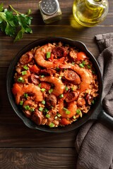 Creole style jambalaya with prawn, smoked sausages, chiken and v