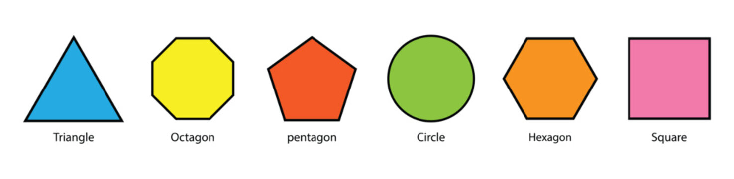 Various number of geometric shape. Different types of regular polygons. 2d geometric shapes. triangle, square, pentagon, hexagon, heptagon, octagon, vector. Colorful geometric shapes.