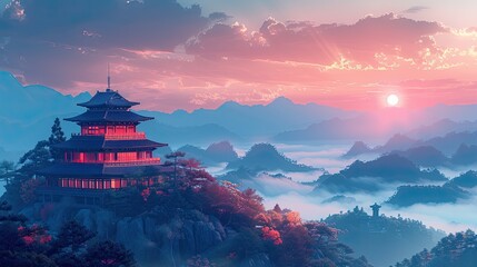 Obraz premium flat design, illustration, The Temple on the Hill: A peaceful journey to a mountaintop temple