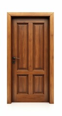 Classic wooden door with raised panels and black handle, isolated on white background.
