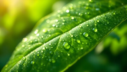 An intricate view of a green leaf adorned with glistening water droplets, representing the revitalization of spring