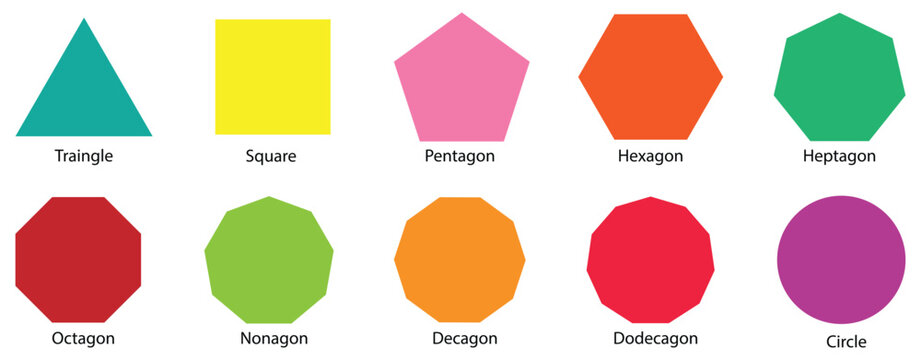 Various number of geometric shape. Different types of regular polygons. triangle, square, pentagon, hexagon, heptagon, octagon, nonagon, decagon, hendecagon, dodecagon vector.