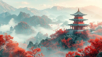Obraz premium flat design, illustration, The Temple on the Hill: A peaceful journey to a mountaintop temple