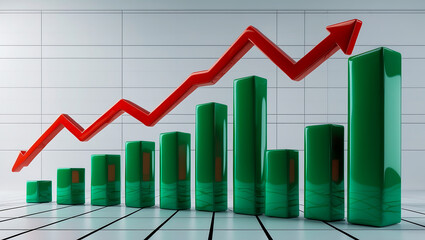 3D financial chart visualization showing rising green bar graph with red upward trend line, symbolizing growth and success in business