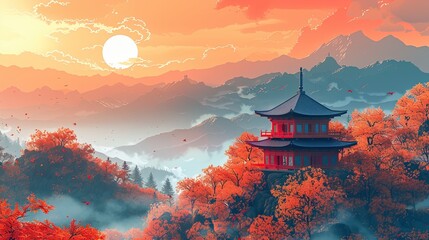 Obraz premium flat design, illustration, The Temple on the Hill: A peaceful journey to a mountaintop temple