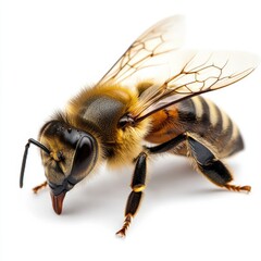 A detailed close-up of a honey bee walking against a white background, highlighting its delicate wings and fuzzy body.