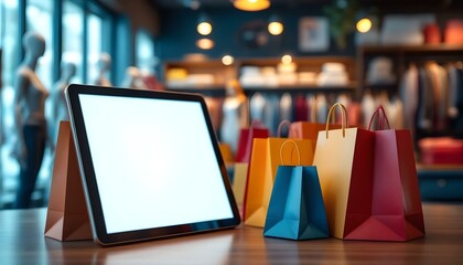 A tablet displaying a blank screen, accompanied by shopping bags, highlighting online shopping and promotional sales