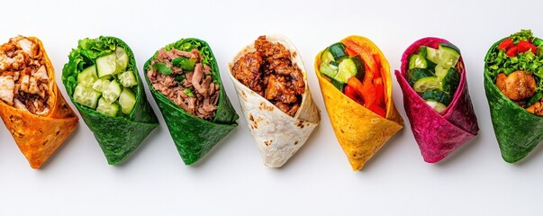 Food trends concept. A vibrant array of colorful wraps filled with fresh ingredients, showcasing a healthy and delicious meal option.