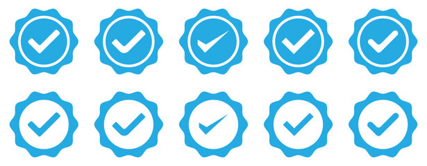Verified badges. Set of verified badge. Blue Verified badge icon set. Collection of different style star shaped social media icons. Verified badges. Social media and Profile Verified badge icon.