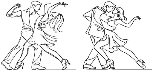 Salsa dance vector. Set of elegant couple dancing salsa. Retro style. Outline silhouettes of people dancing salsa and musicians playing Latin vector