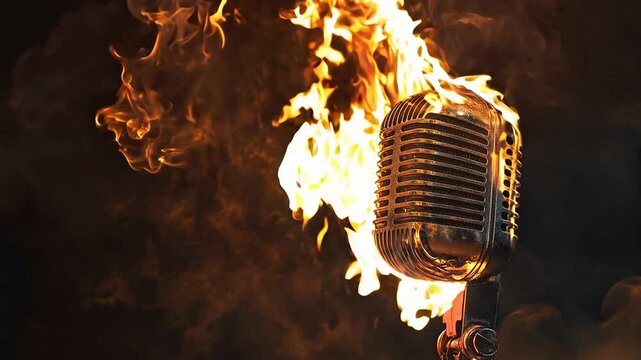 A fire emanating from a vintage microphone on black background, representing on fire performance