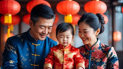 joyful Asian family celebrates tradition, dressed in vibrant cultural attire, surrounded by red lanterns. parents and their young child share warm moment together