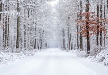 Serene Snowy Landscape with Trees Lined Along a Quiet Road in Winter, Dusting of Snow on Branches, Tranquil Scene Perfect for Seasonal Imagery