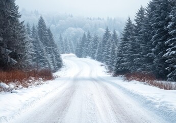 Fototapeta premium Serene Snowy Road Winding Through Winter Forest Landscape with Evergreen Trees and Soft Winter Light in Tranquil Scenic Beauty