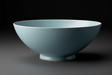 there is a blue bowl with a white rim on a black background