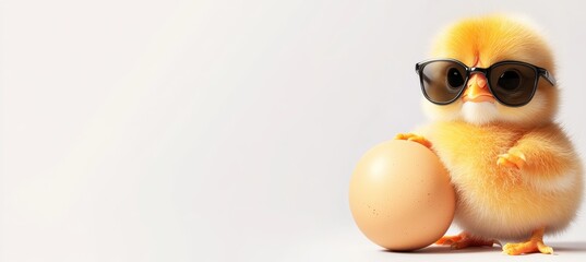 A charming and playful little chick, sporting stylish sunglasses, proudly holds a beautifully decorated egg, symbolizing the joy, renewal, and festive spirit of the beloved Easter celebration