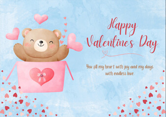 Vector illustration watercolor design of Valentine greeting card with a cute bear on blue background and text. Valentine celebration, greeting card, Happy Valentines Day.