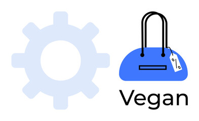 Gear icon beside blue handbag labeled Vegan. Ideal for fashion, sustainability, lifestyle, eco-consciousness, vegan products, retail, marketing. Line metaphor