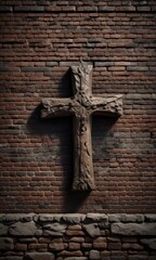 Rough-hewn brick wall, imposing dark cross carved deeply,  christian,  silhouette