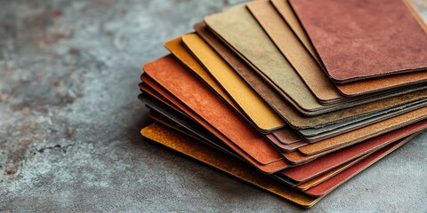  Stack of Pantone cards in earthy tones like terracotta, olive, and sand, arranged neatly, providing inspiration for natural, warm, and harmonious design palettes.