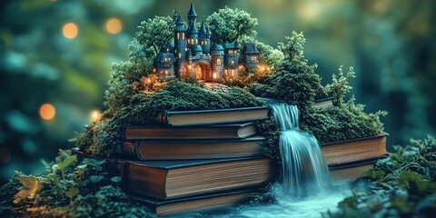  Stacked books with miniature glowing castle, lush greenery, and flowing waterfall. Magical fairytale vibes enhanced by dreamy lighting and whimsical nature details.