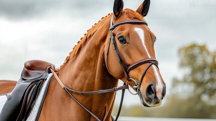 Obraz premium Brown Horse with Bridle in Natural Setting Showcasing Majestic Beauty and Graceful Movement Outdoors