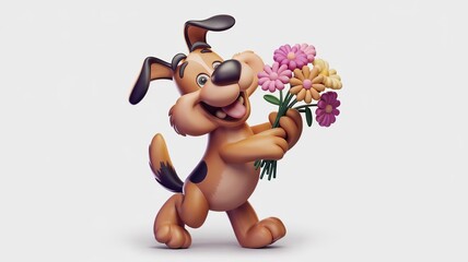 Fototapeta premium cartoon dog holding a bouquet of flowers, excitedly wagging its tail, expressing love