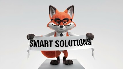 cartoon fox holding a Smart Solutions banner