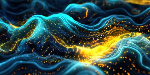 Abstract Blue and Gold Digital Waveform: Glowing Particle Landscape Visualization