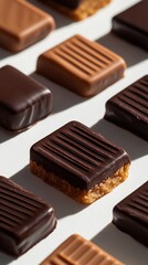 Fototapeta premium Chocolate and caramel shortbread bars with ridged tops, neatly arranged in alternating rows. Golden buttery base contrasts rich dark and milk chocolate toppings.
