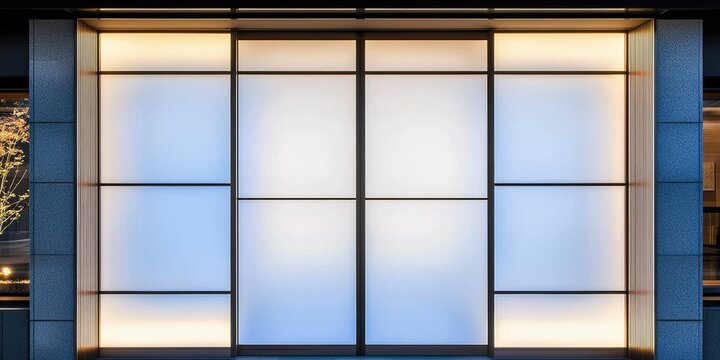 Modern storefront with illuminated frosted glass panels. - Powered by Adobe