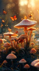  Cluster of glowing orange mushrooms surrounded by lush grass and butterflies under warm sunlight. Magical woodland scene filled with natural beauty, vibrancy, and fairy-tale atmosphere.