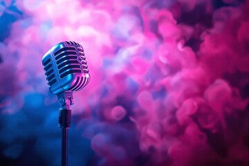 Retro-style microphone in metallic tones, set against a vibrant pink and blue smoky background,...