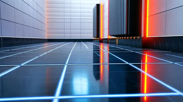 A detailed view of radiant heating pipes laid in a herringbone pattern, under smooth tiles, with a faint glow symbolizing heat flow
